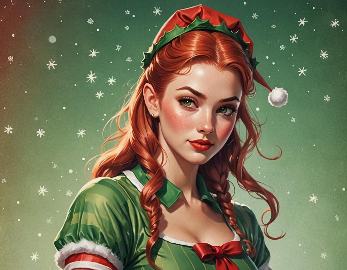 Vintage Christmas Elf Pin-Up Illustration