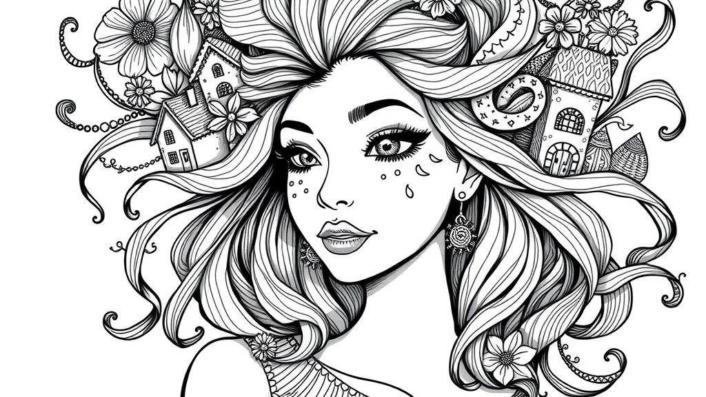 Zentangle Doodle Portrait of Woman with Swirling Hair