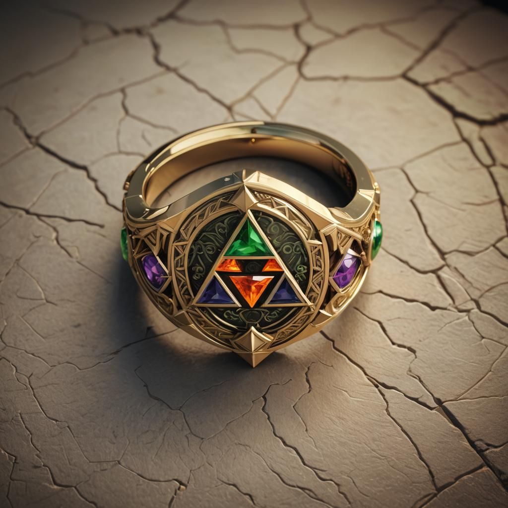 Triforce Gemstone Ring with Hylian Crest, Fantasy Art