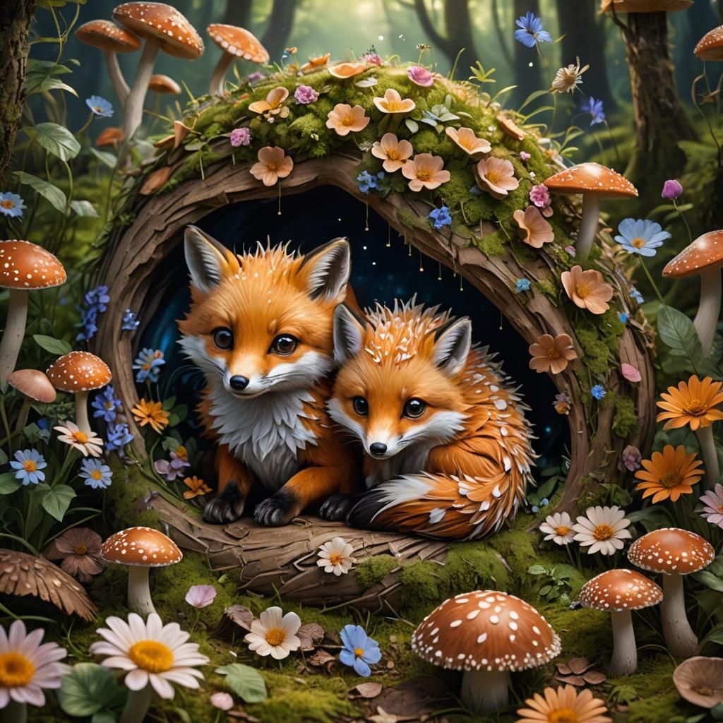 Fantasy Phoenix Fox and Hedgehog in Enchanted Forest