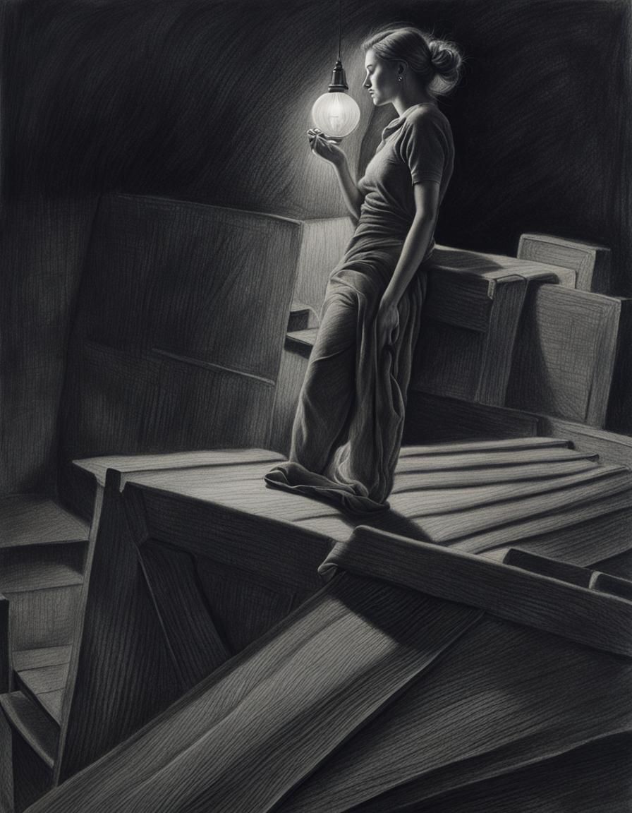 Detailed Charcoal Drawing of Woman Resting