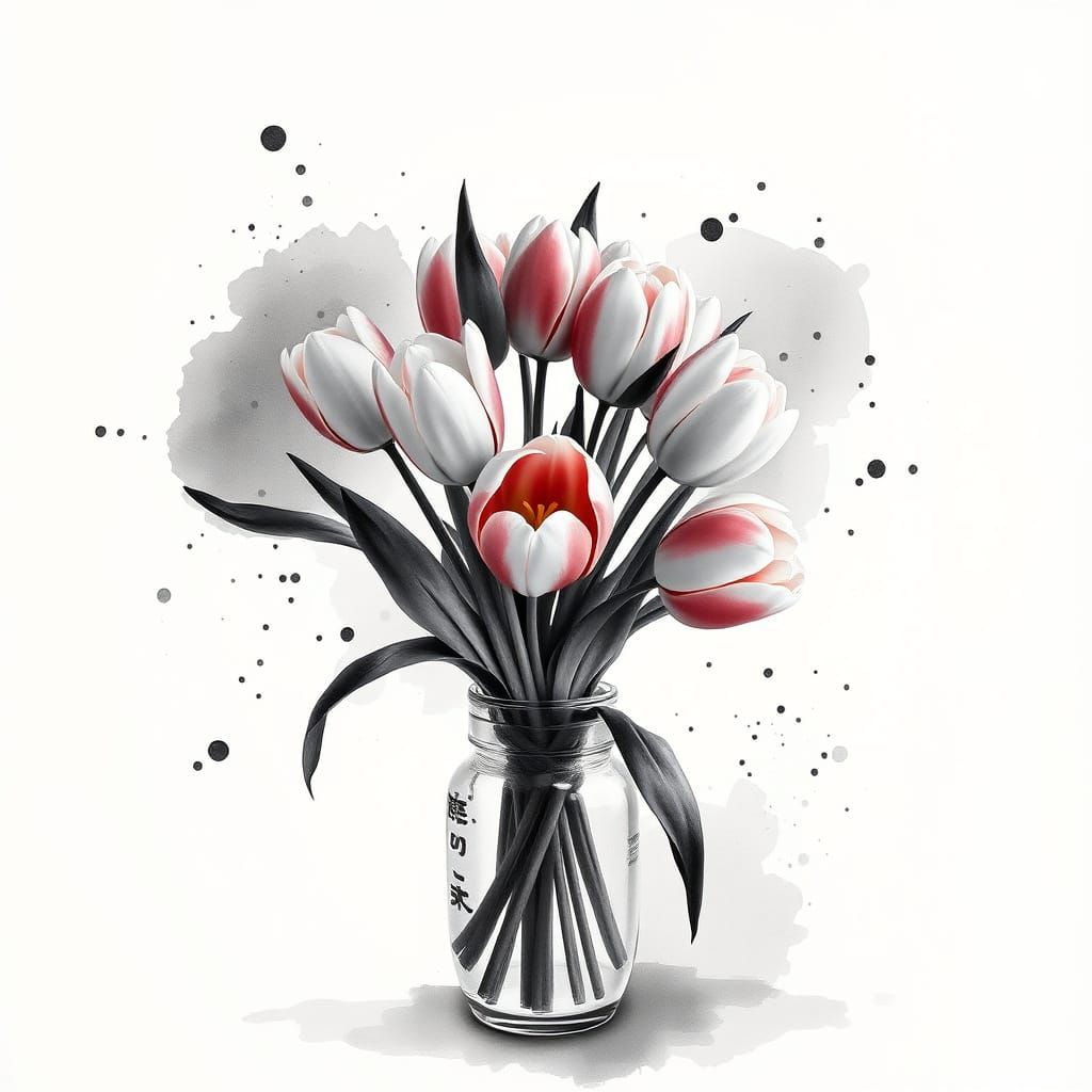 Monochromatic Tulip Bouquet in Sumi-E Style