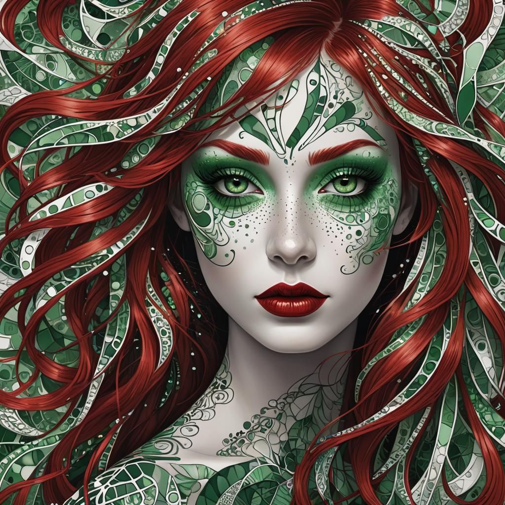 Portrait with Red Hair and Green Eyes in Abstract Vector Art