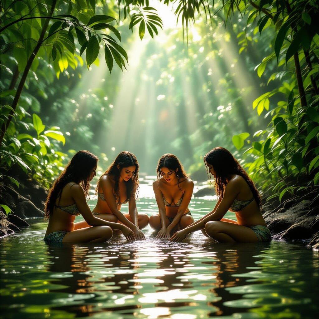 Cinematic Amazon Women Bathing in Dappled Sunlight