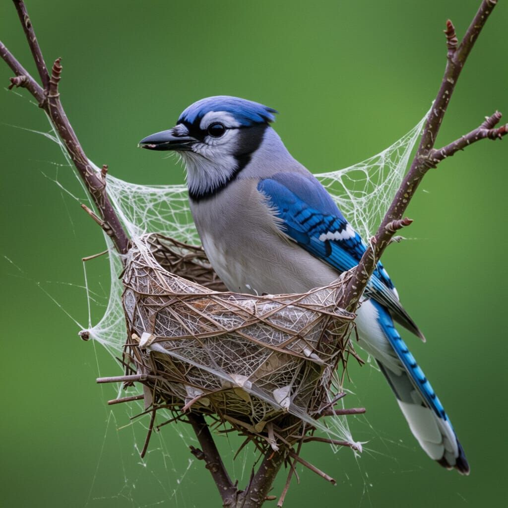 Blue Jay Nest Woven from Spider Webs