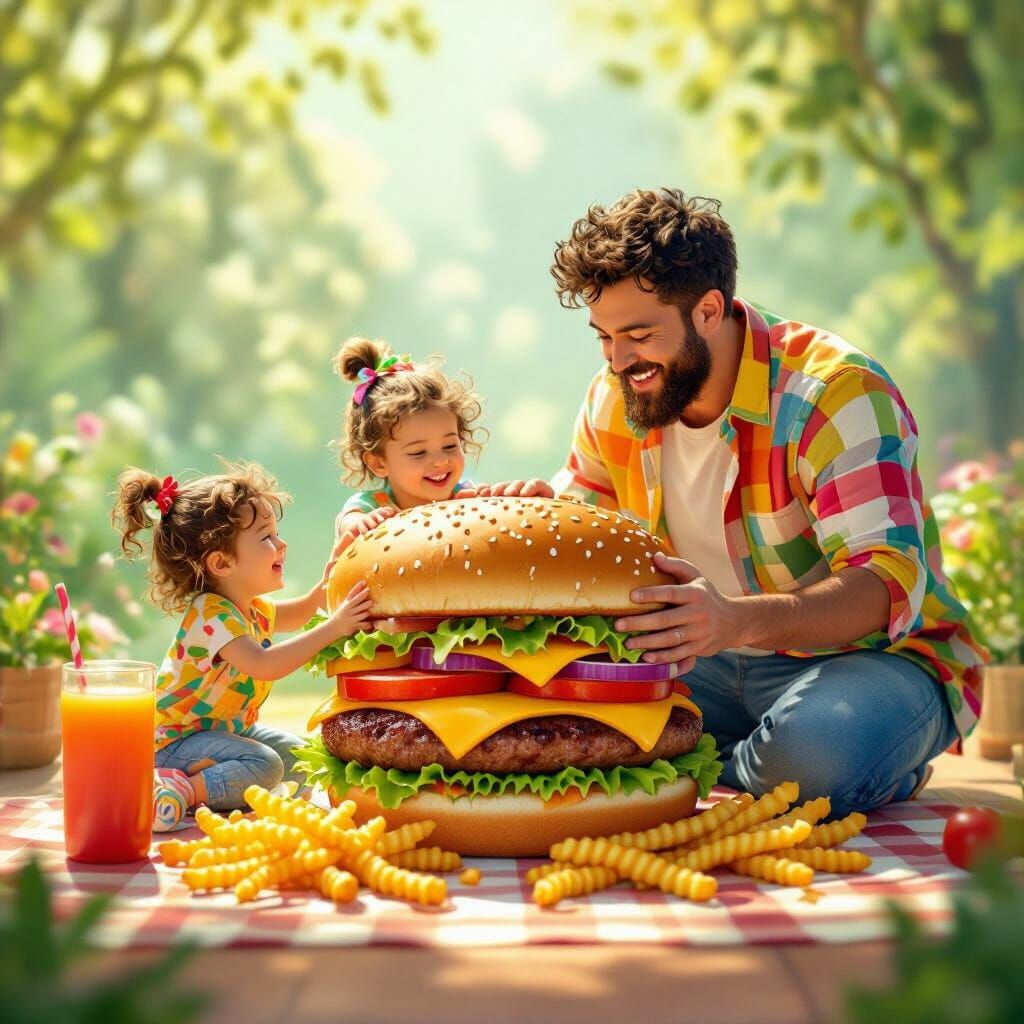 Tiny Family Assembling Giant Meal, Whimsical Art Style