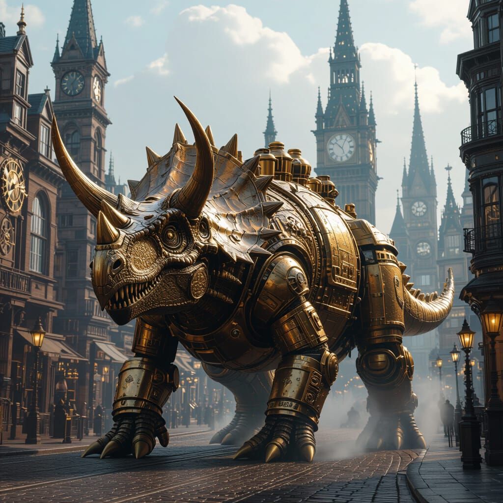 Steampunk Triceratops Stomps Through Victorian City