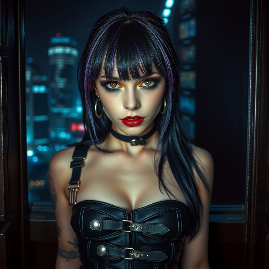 Pretty Gothic Girl 666 in Cyberpunk City 🖤 Flux Schnell w/P...