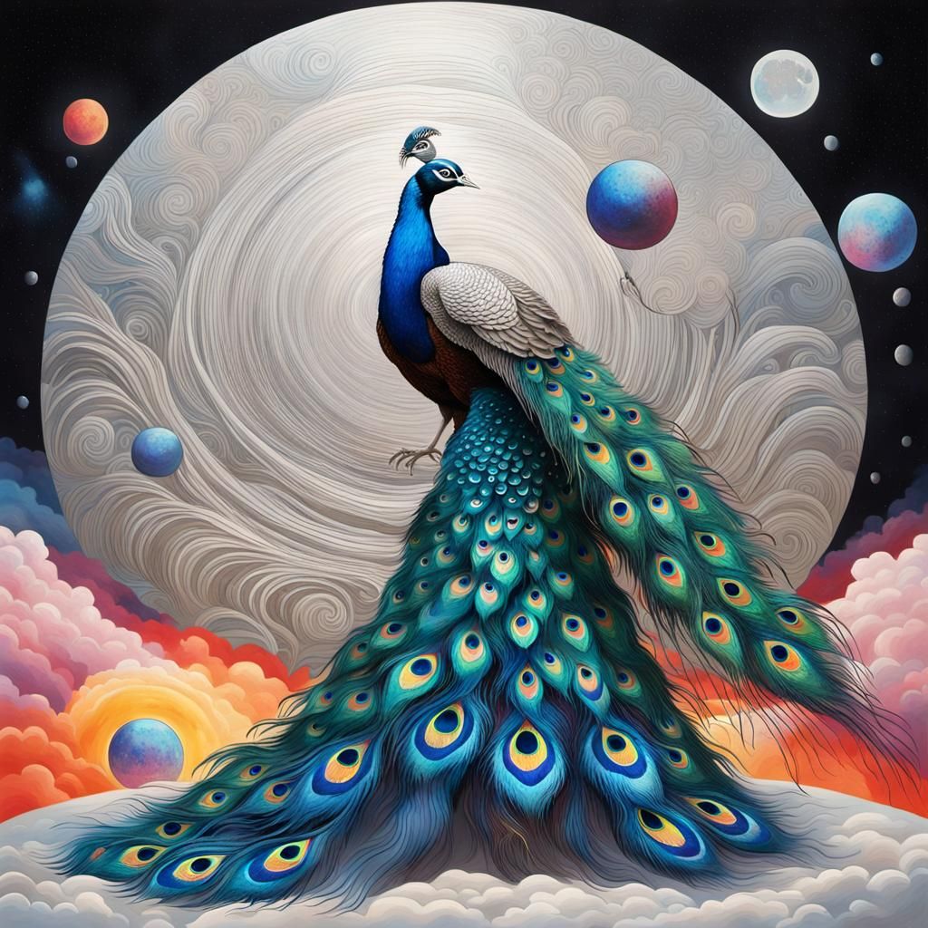 Peacock Couple in Silver Lunar Eclipse Dreamscape