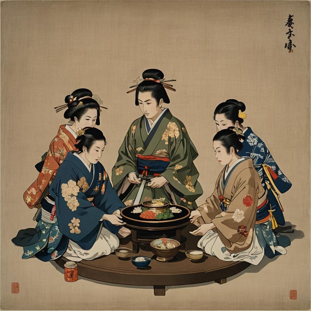 Ceremonial Bosei Plating with Three People in Japan