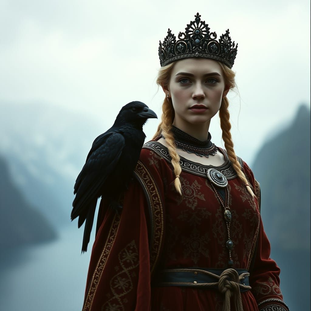 Nordic Princess in Majestic Attire with Black Crow