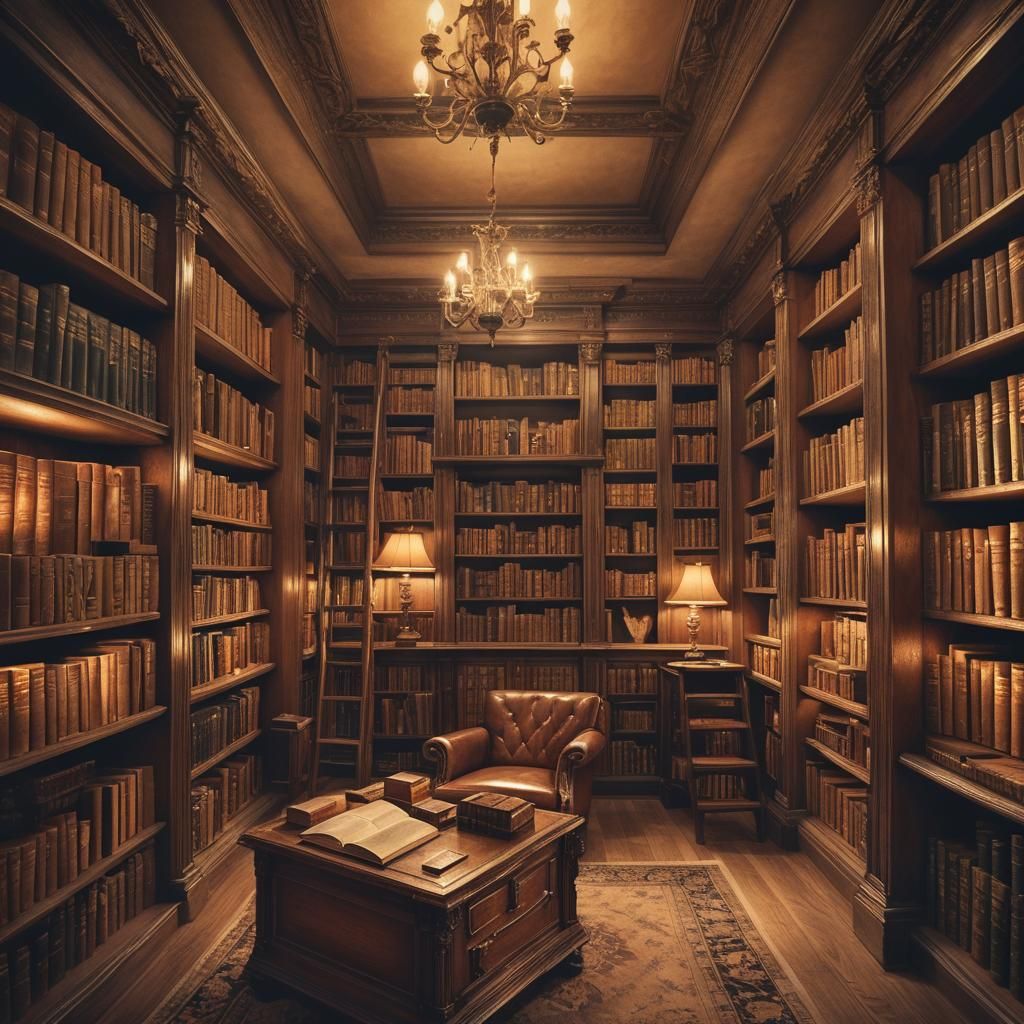 Elegant Miniature Library in a Closet: Digital Art