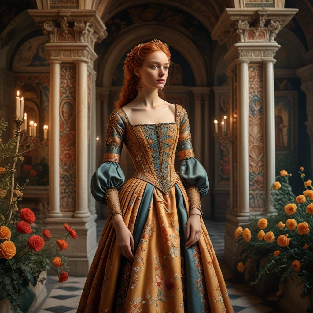 Ethereal Renaissance Beauty Strolls in a Vibrant Garden