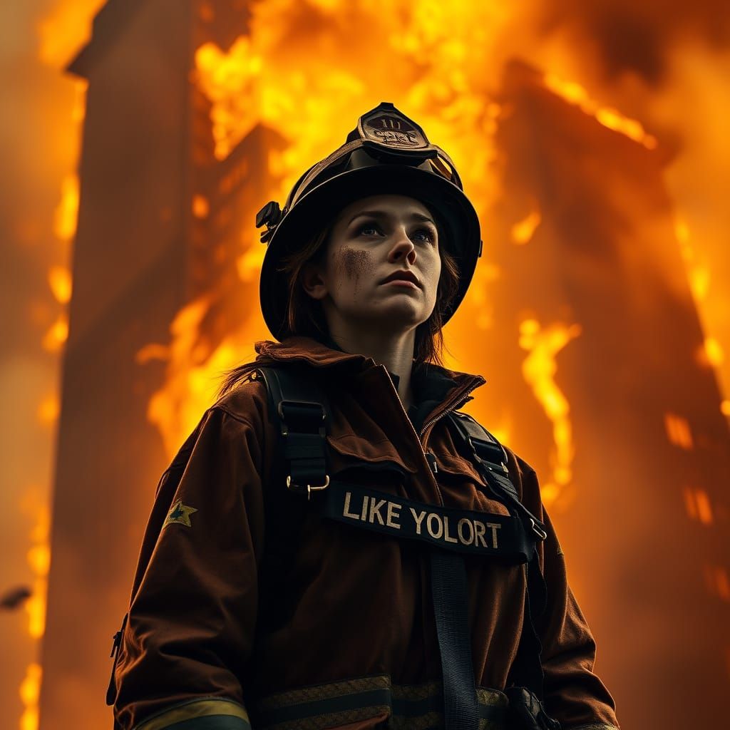 Determined Firefighter Battles Inferno in Gritty, High-Contr...