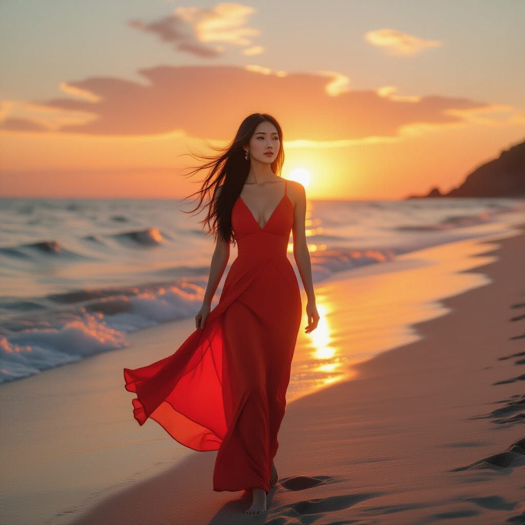 Chinese Woman in Red Dress on Beach at Sunset