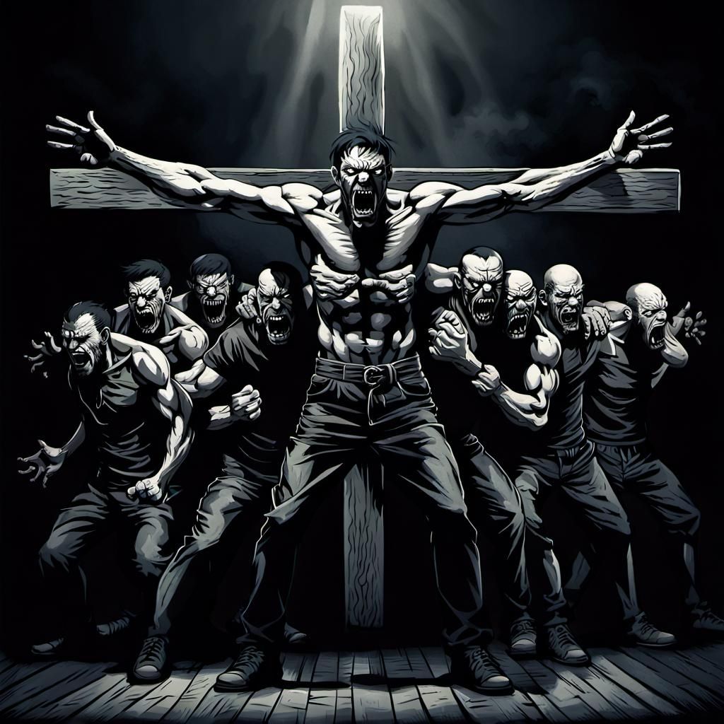 Man Confronting Demons Gripping Cross