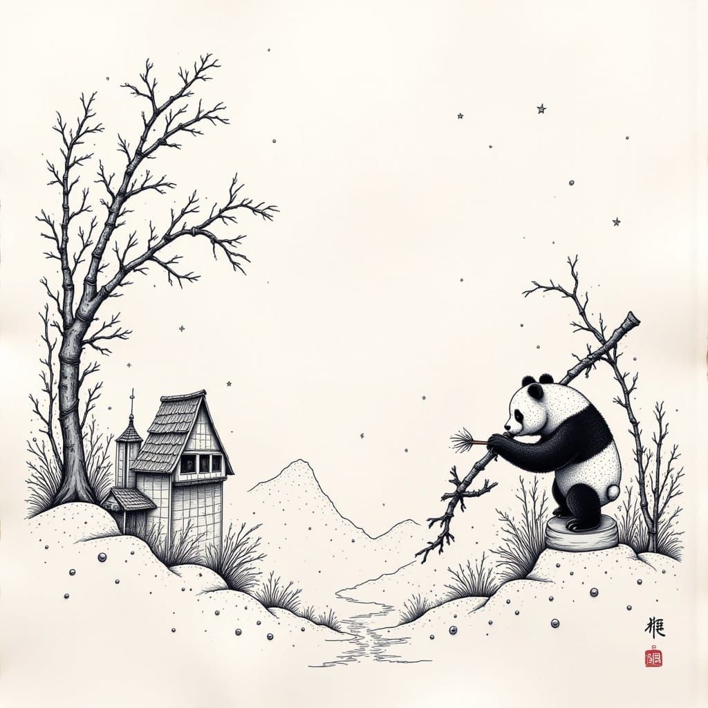 Surrealistic Panda in Whimsical Chinese Landscape