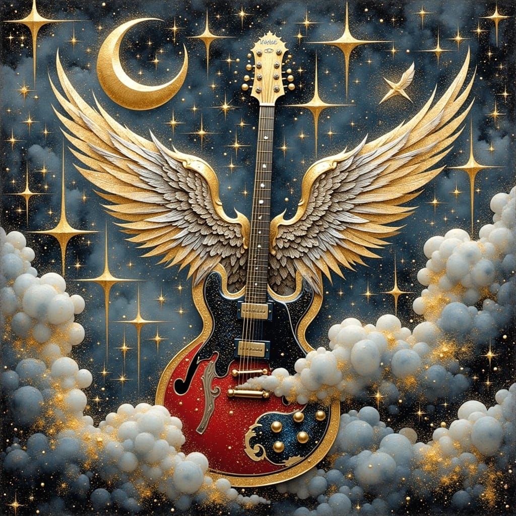 Winged Guitar Soars Through Celestial Night Sky in Dramatic...