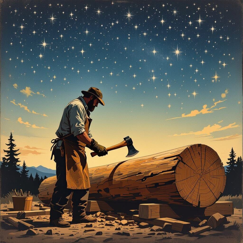 Timberframer Silhouetted Under Starry Sky
