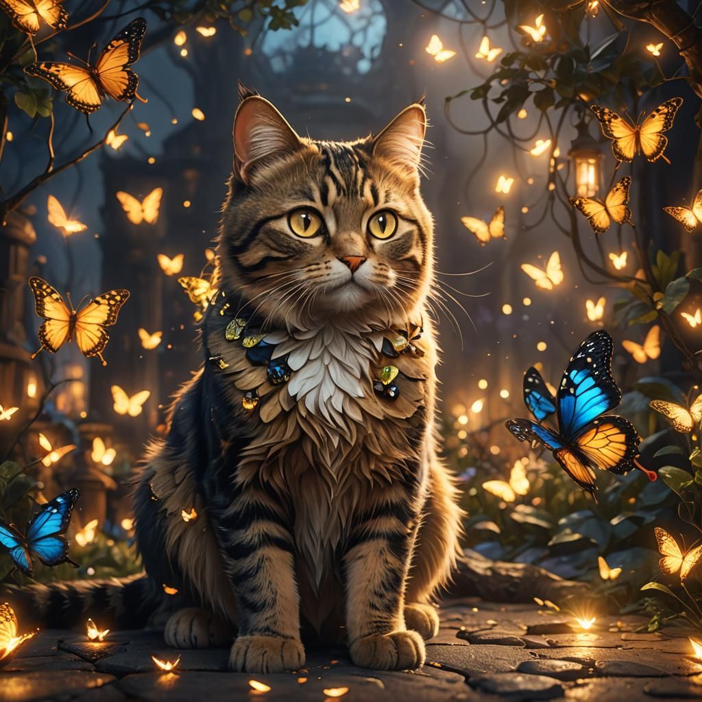 Cat and Butterfly in Golden Light: Fantasy Art