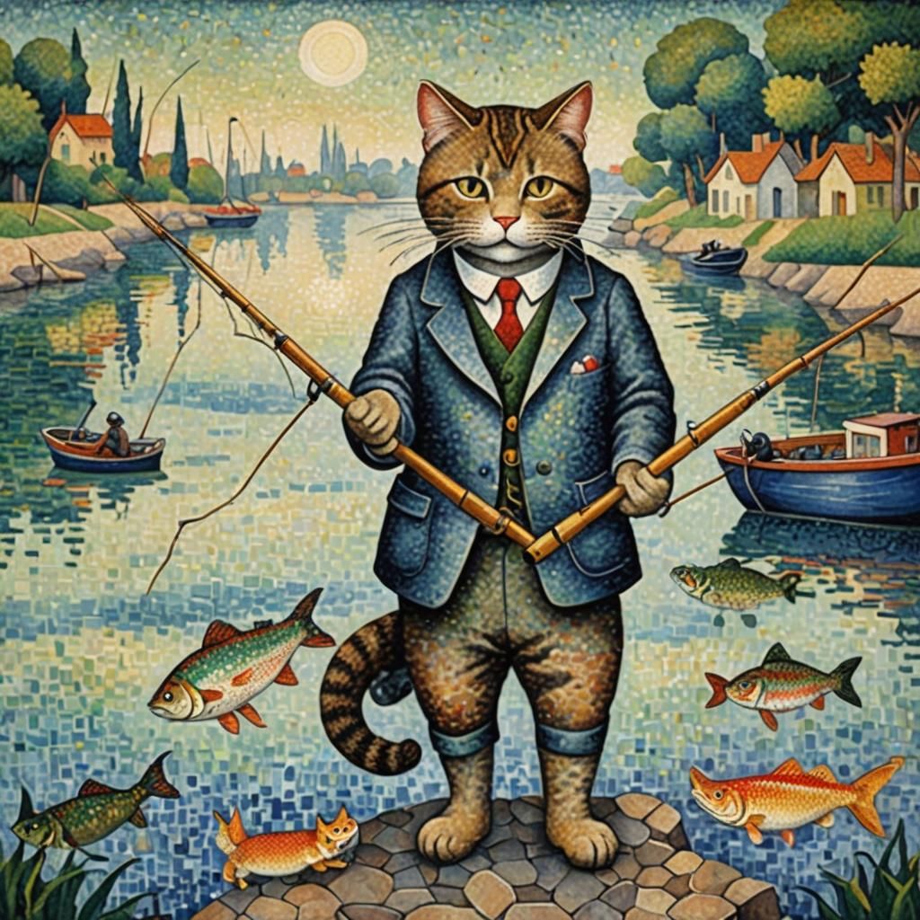 Pointillist Cat's Fishing Trip: A Colorful Scene