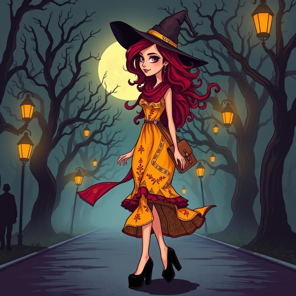 Whimsical Witch in Burgundy Hair and Yellow Folkloric Dress