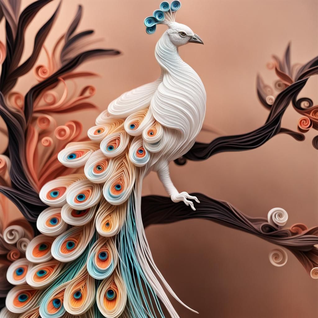 An albino peacock on a tree branch