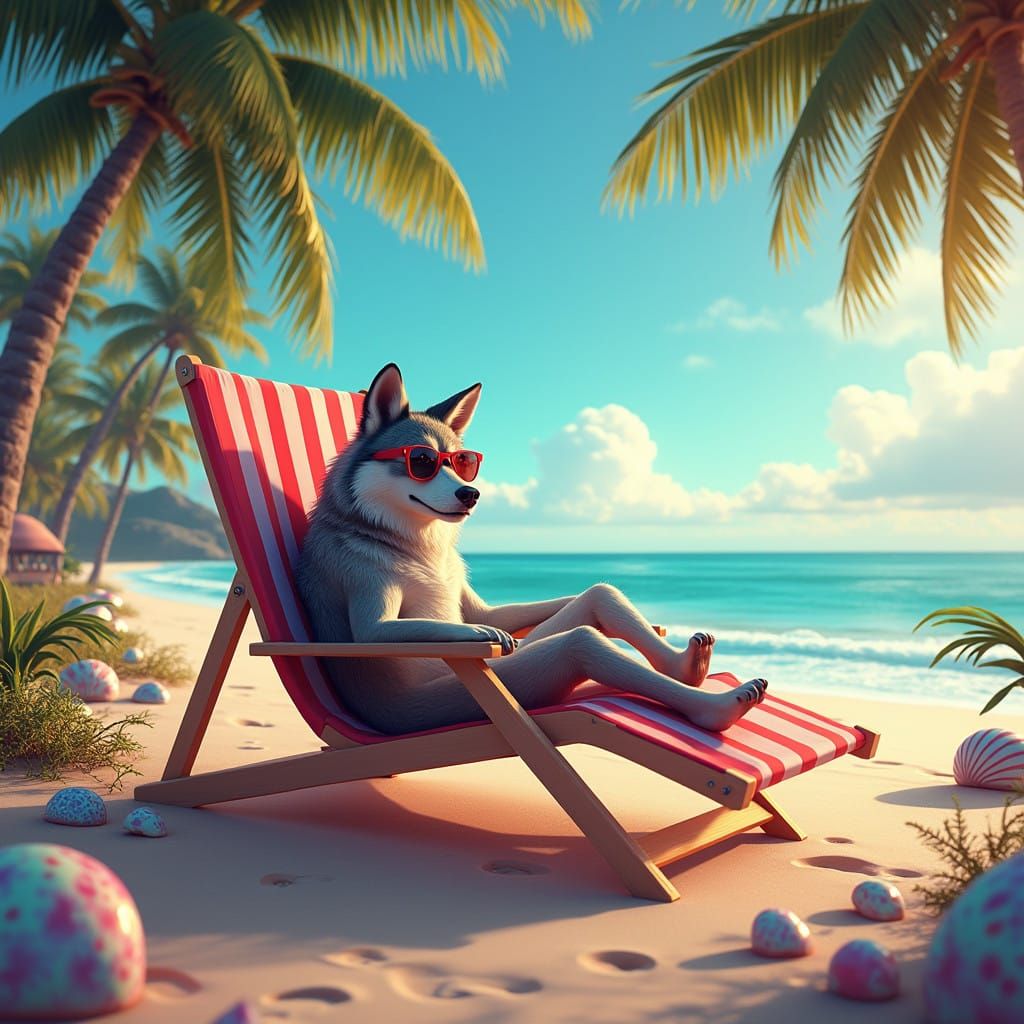 Wolf in Retro Sunglasses on Vibrant Beach