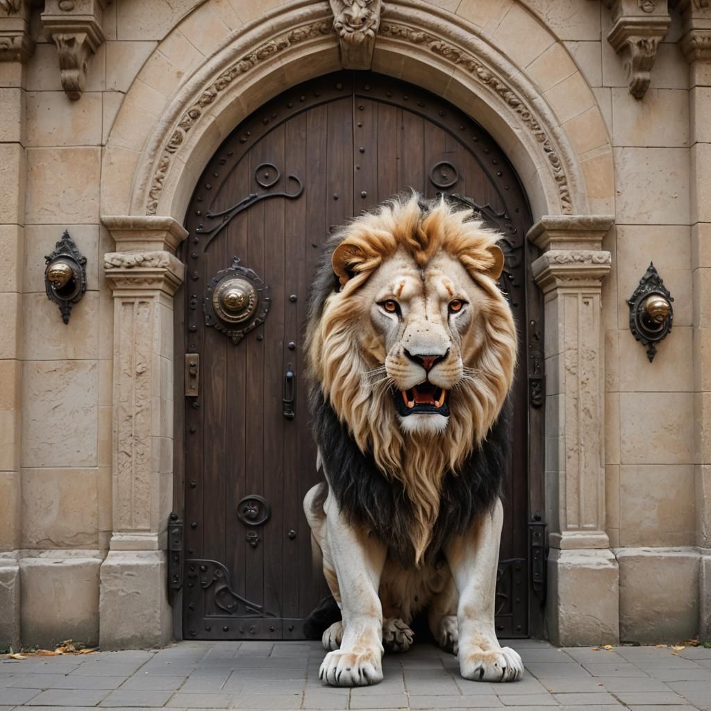 Albino Lion Guarding Castle Door