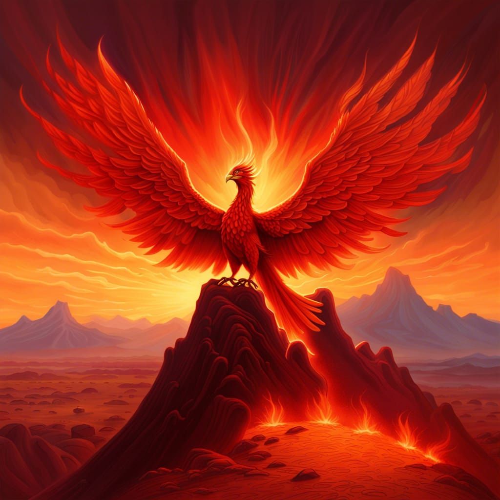 Majestic Red Phoenix Rising from Desert Fire