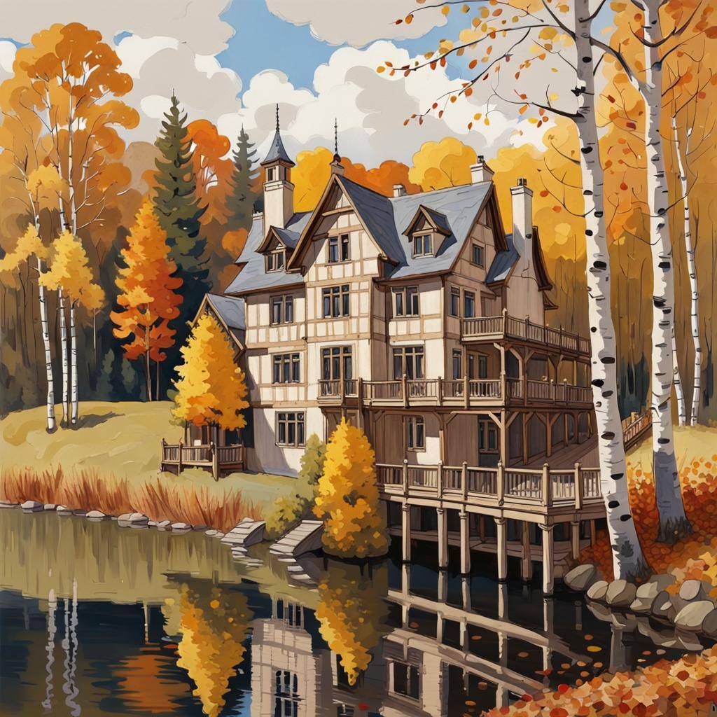 Tudor Mansion by Lake in Klimt Gouache Style
