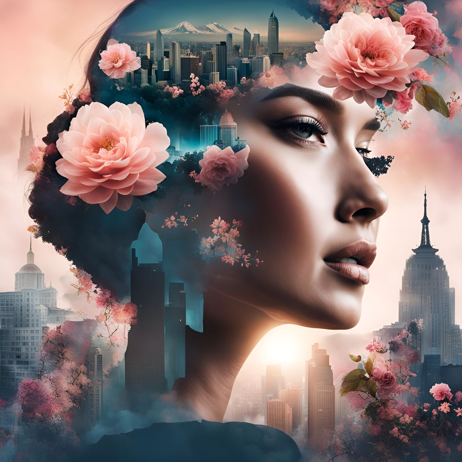 Double Exposure: Woman, Cityscape, and Flowers