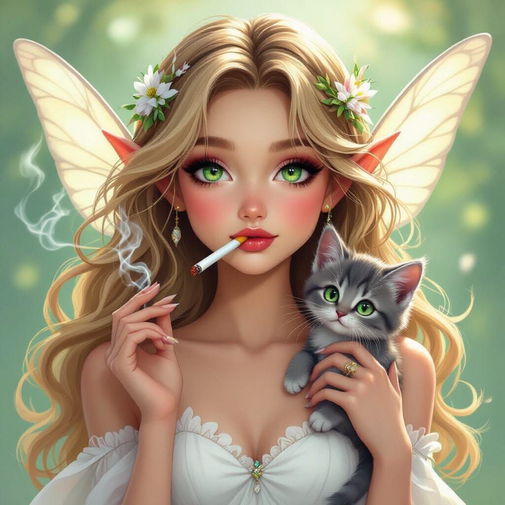 Whimsical Fairy with Kitten and Cigarette in Pastel Colors