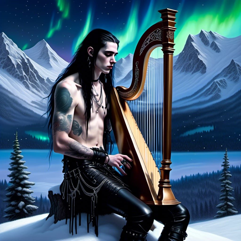 Gothic Harpist in Winter Mountain Landscape