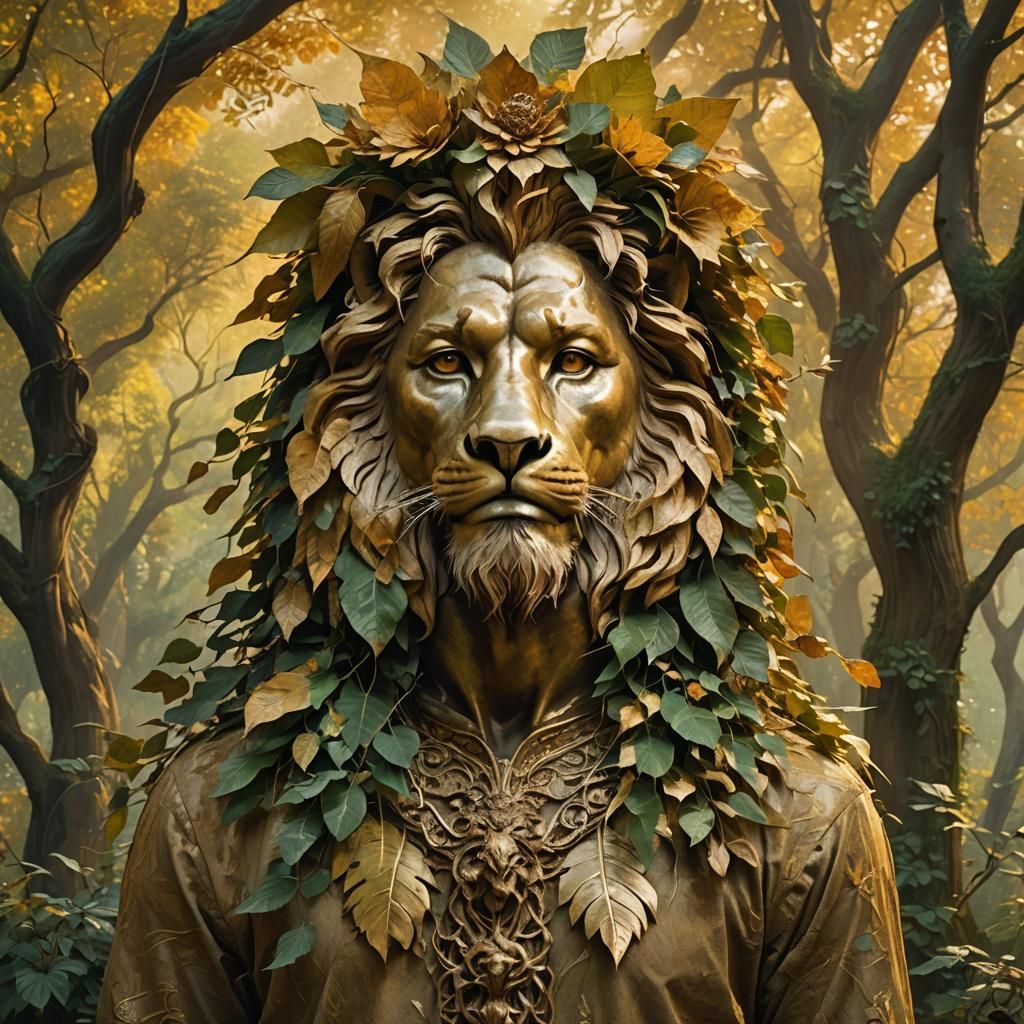 Lion-Headed Man in Forest, Dreamy Surrealist Style