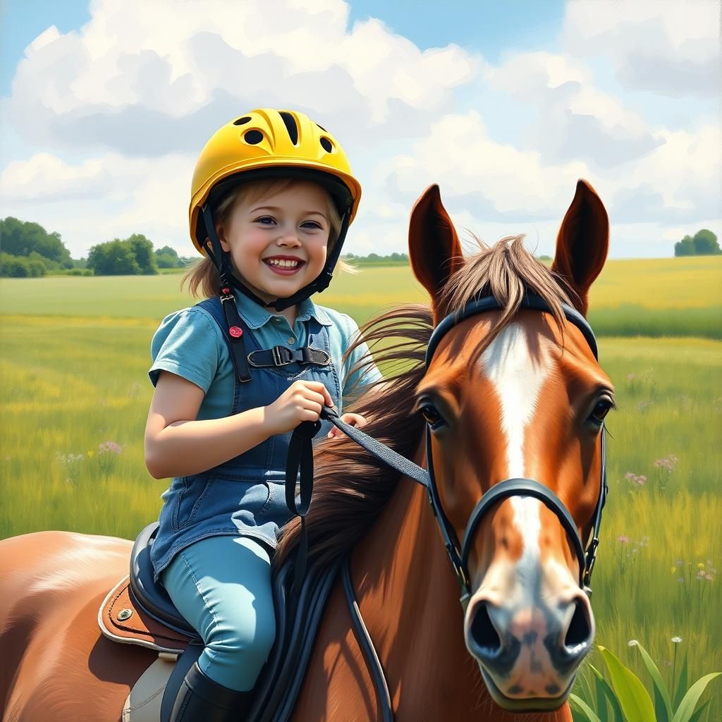Girl with Down Syndrome Horse Riding, Impressionist Style