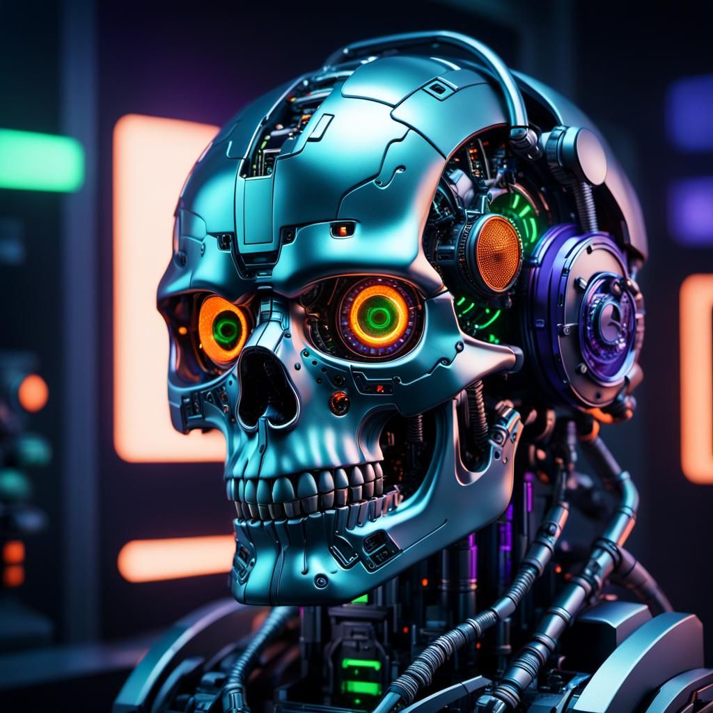 Cybernetic Skull in Gritty Laboratory Scene