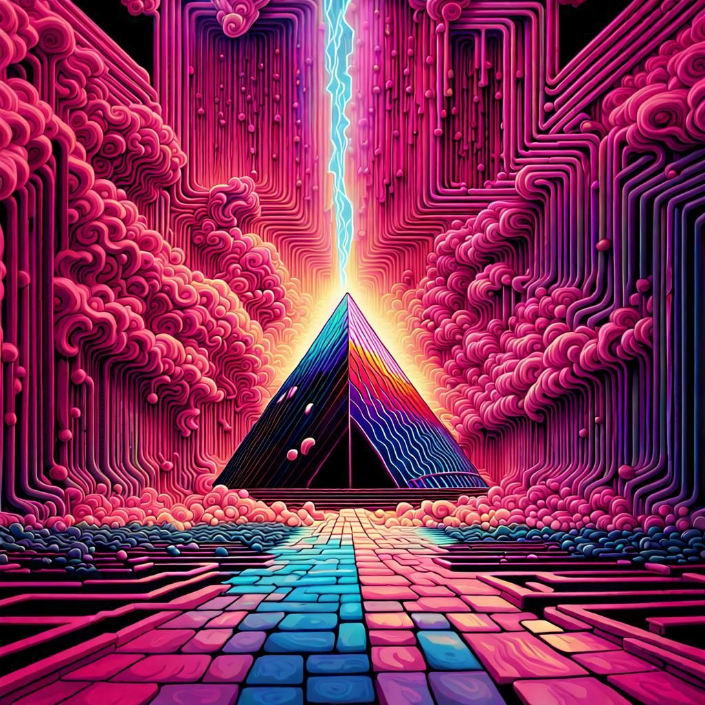 Frequency visualization " pink Floyd Atom Heart Mother.chrome" as Bismuth coloration art deco Splash art hyperdetailed v...