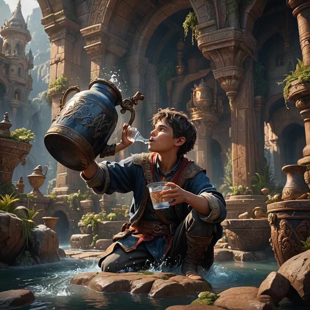 Boy Drinks from Jug: Detailed Matte Painting
