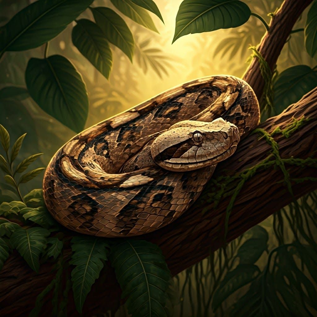 Gaboon Viper Coiled in Tree, Detailed Wildlife Art