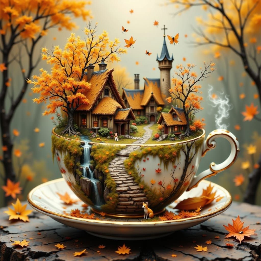 Autumnal Teacup Village with Fairies and Fox