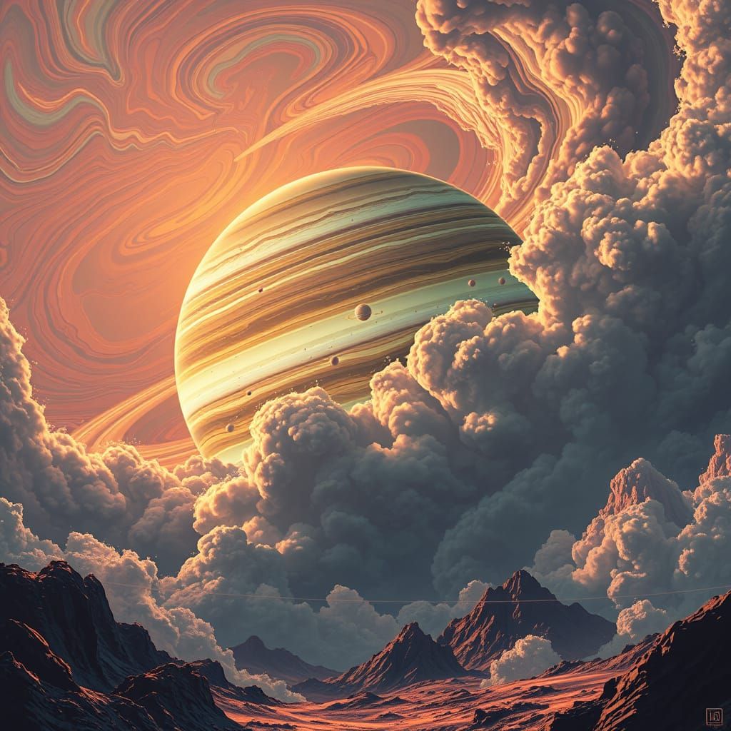 Vibrant Cosmic Jupiter in Swirling Storm Clouds