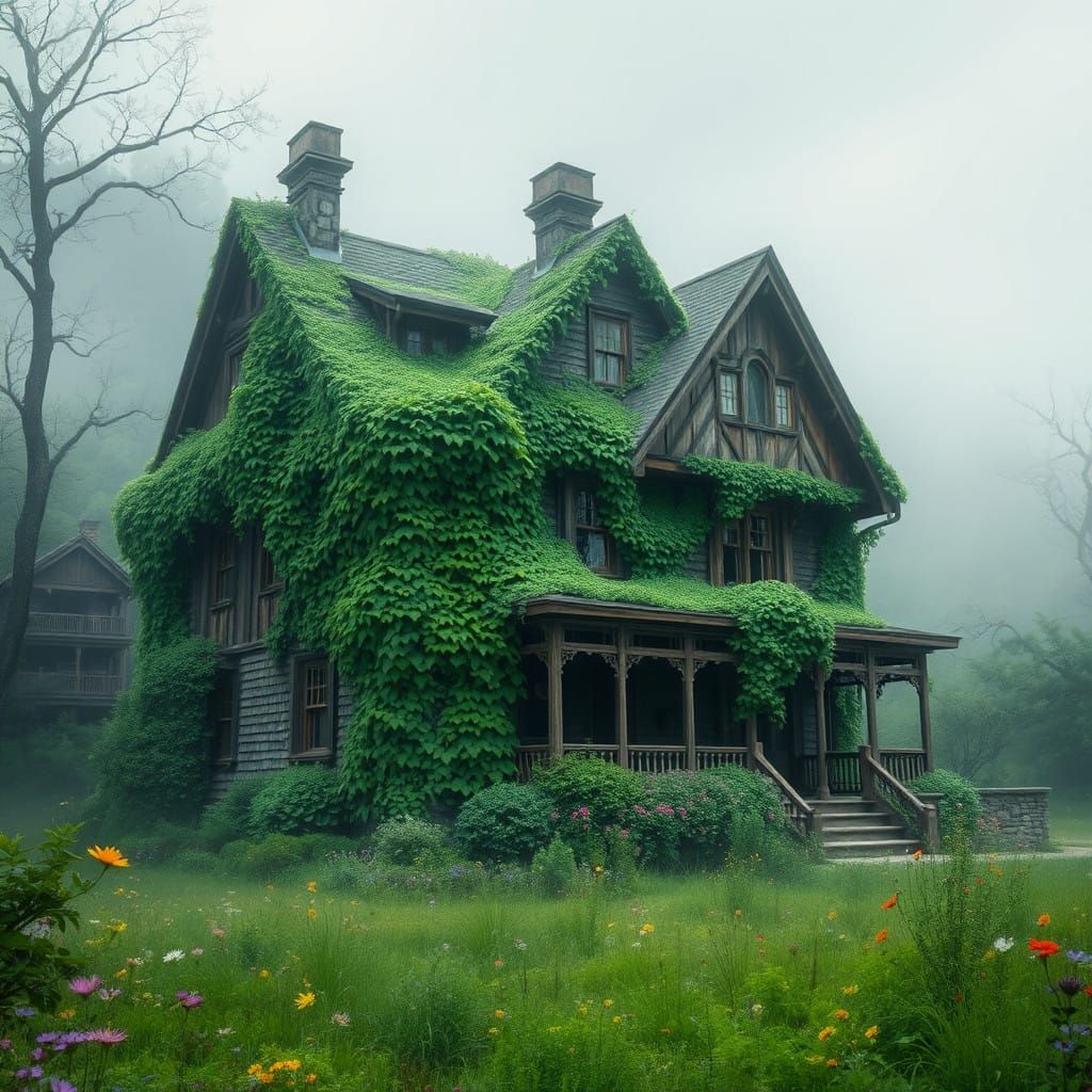 Surreal Mansion Emerges from Misty Landscape