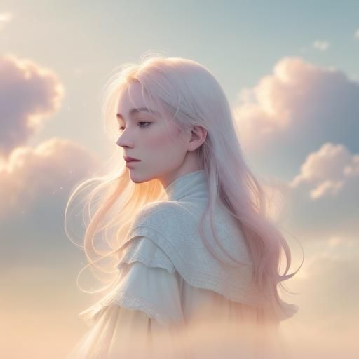 Ethereal Figure Surrounded by Iridescent Clouds