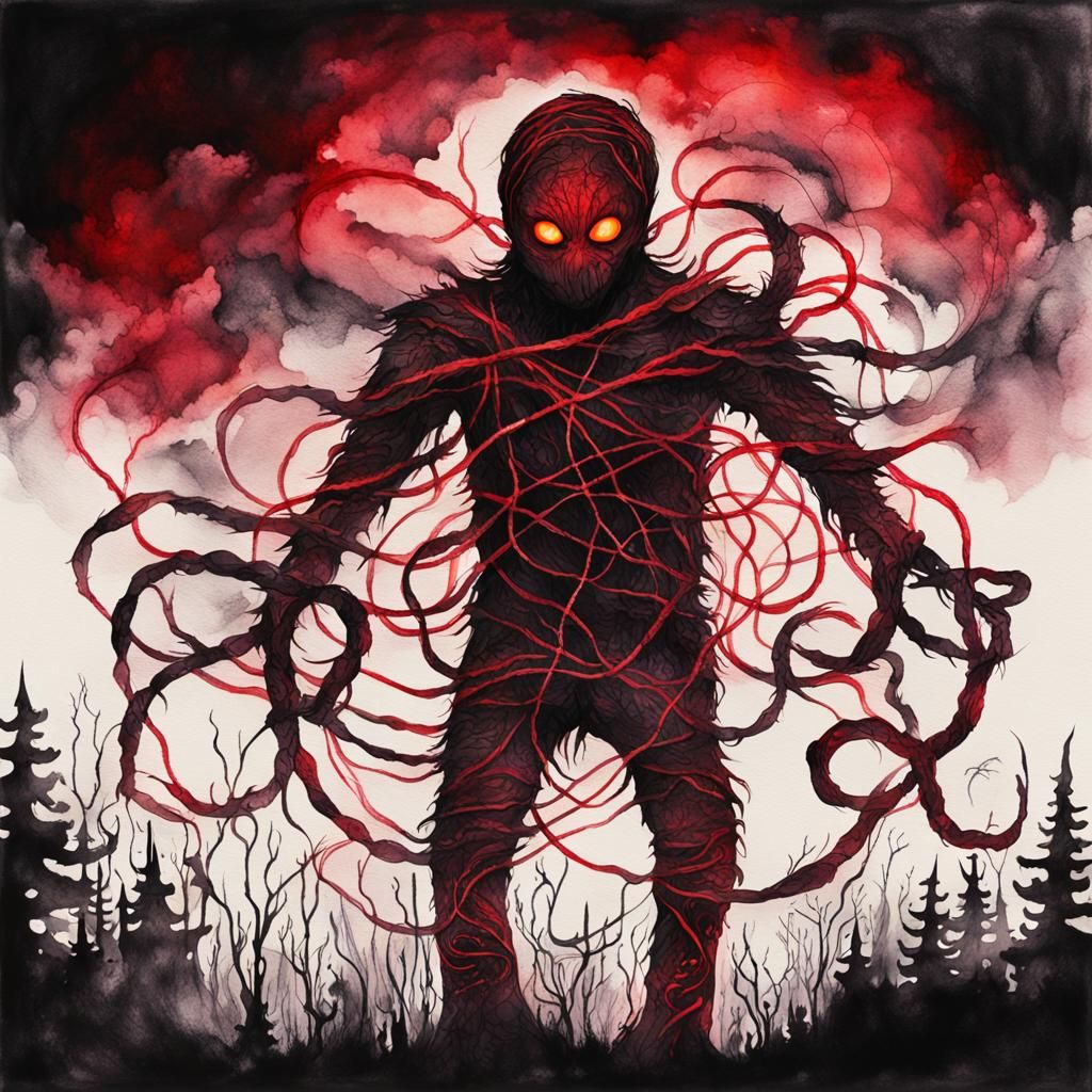 Twisted Red String Monster in Dark Anime Style