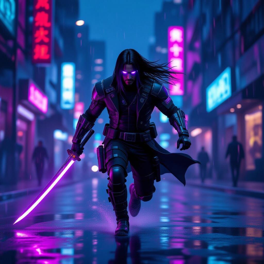 Cyber Ninja Chasing Target in Neon Cyberpunk City