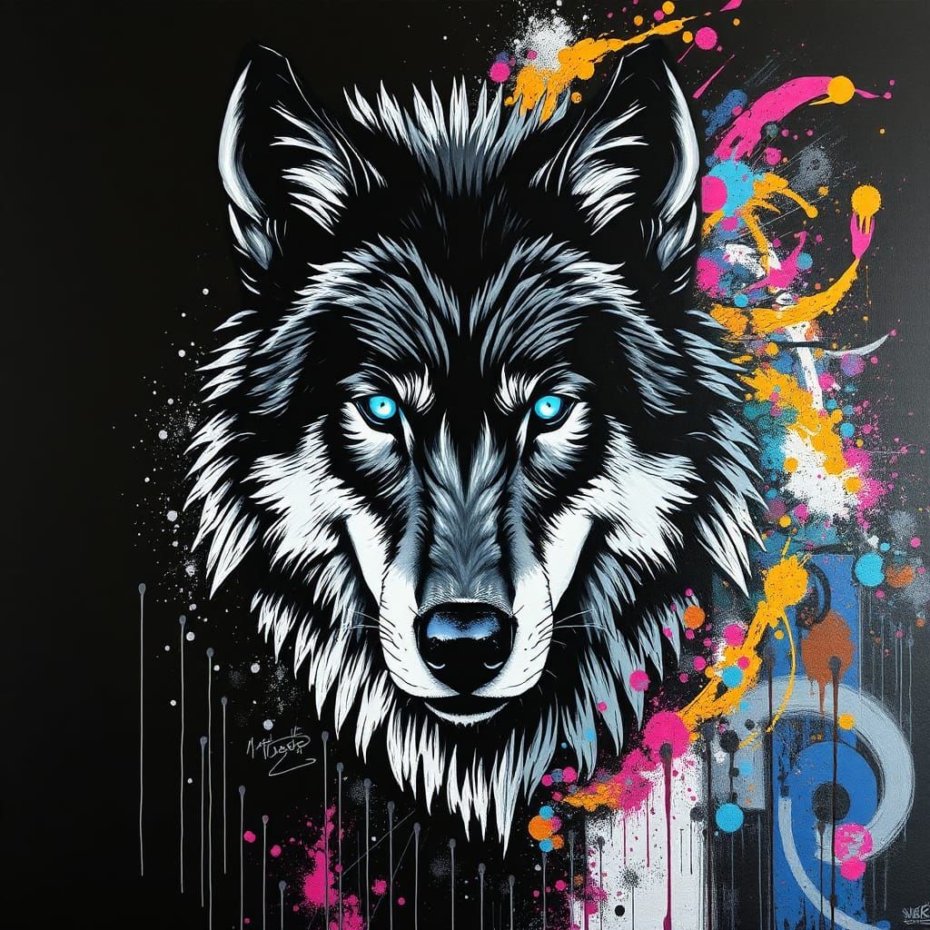 Regal Wolf Portrait in Basquiat-Inspired Graffiti Art