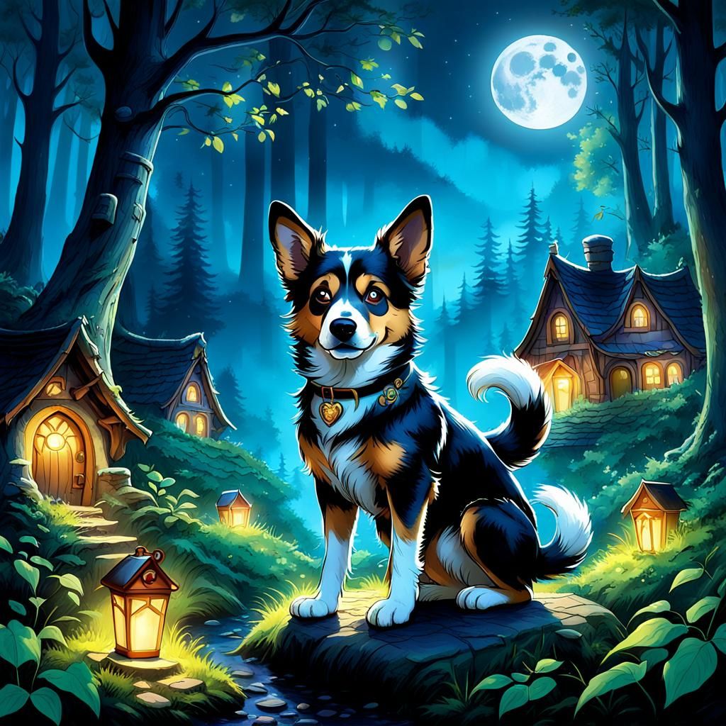 Enchanted Dogs Frolicking in a Magical Moonlit Grove