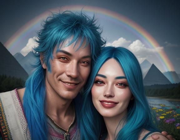 Woman with Blue Hair in Surreal Landscape