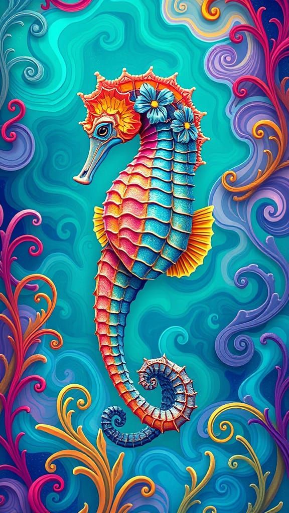 Seafoam Seahorse Miracles Moebius deep color green and magen...